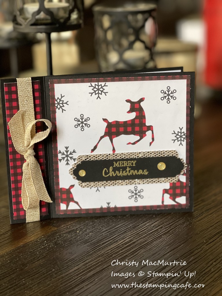 Christmas Card of a plaid deer and gold ribbon using a bookbinding technique